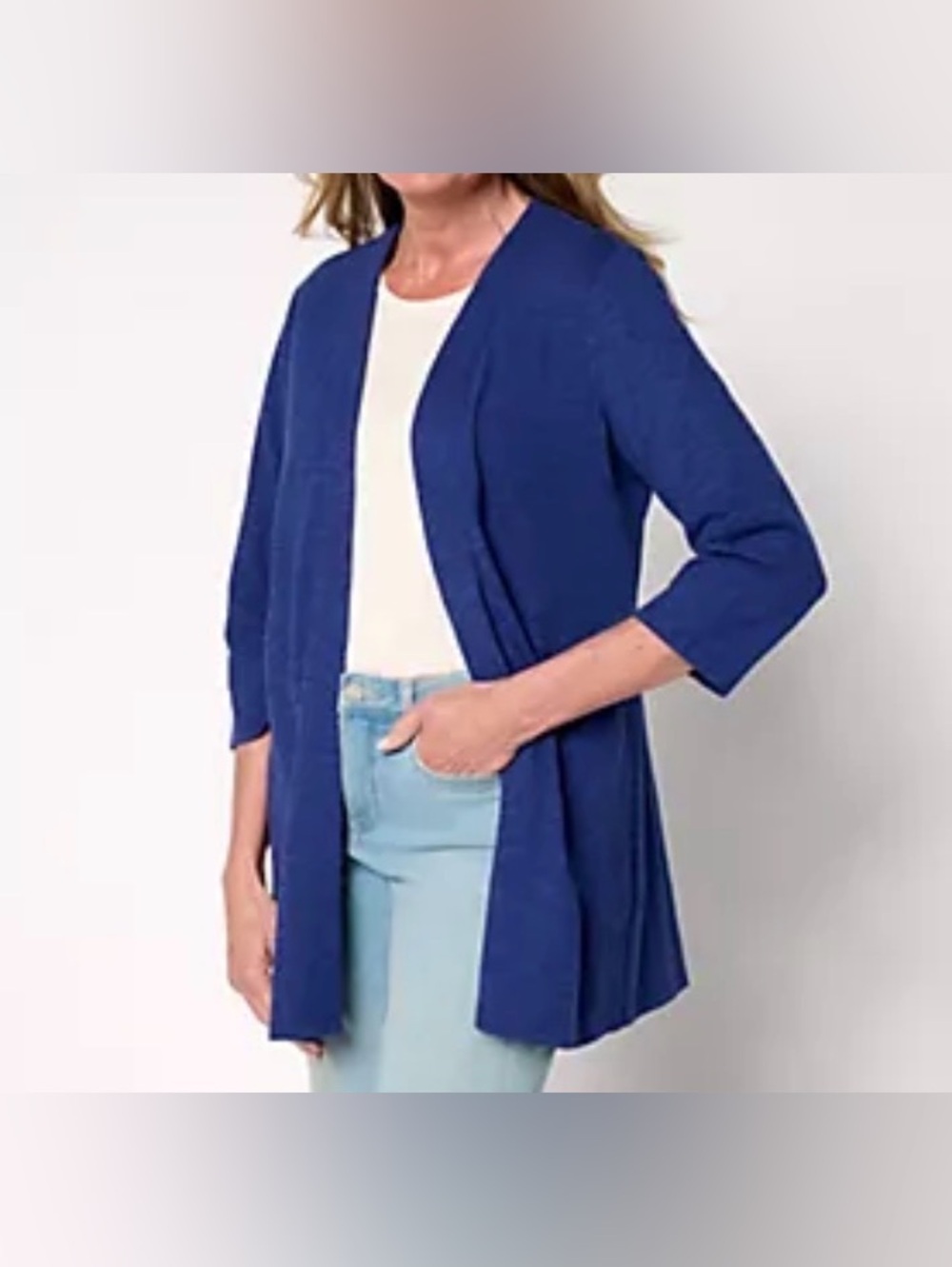 New QVC Denim & Co. Women's Blue 3/4 Sleeve Slub Jersey Cardigan / XXS
